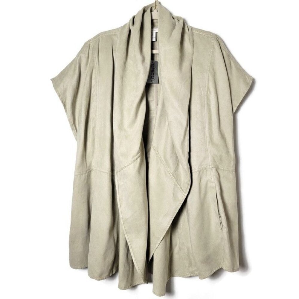 Chico's Beige Elongated Faux Suede Lagenlook Taylor Vest Open Front Size 2 Large